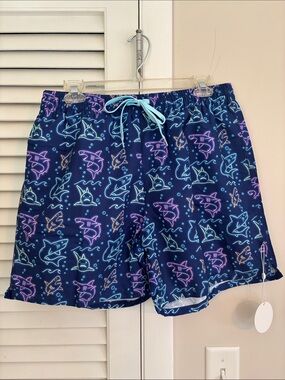 Caden Lane Men's Navy Neon Shark Print Swim Shorts, Size Large